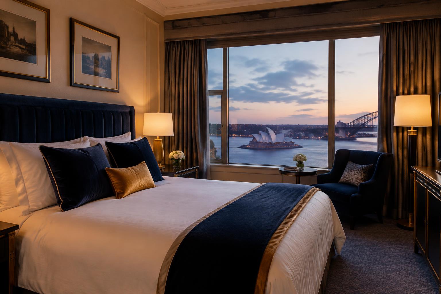 Hotel bedroom at dusk (illustrative)