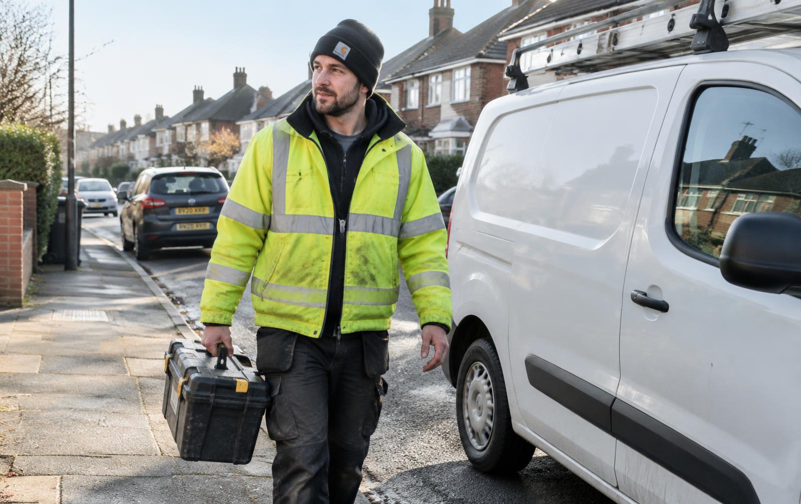 Tradesperson arriving at a customer's home (illustrative)